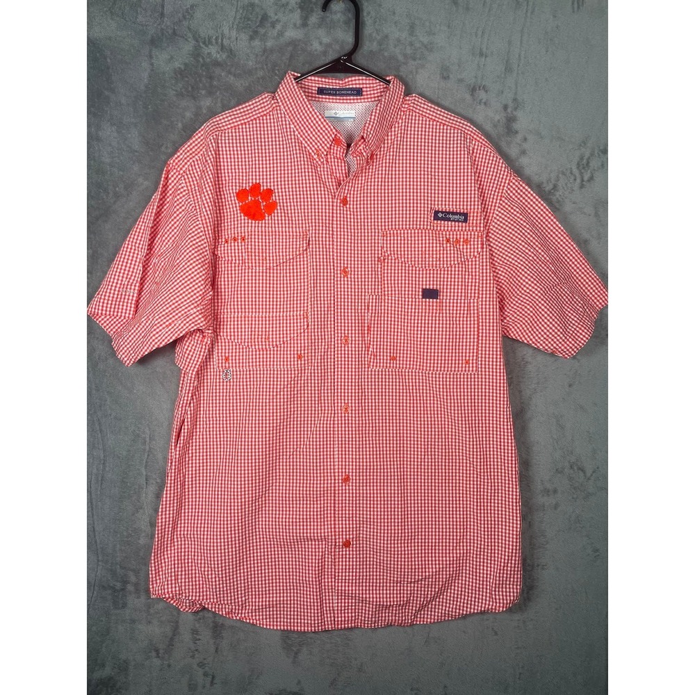 Columbia PFG Super Bonehead Clemson Tigers Shirt Mens Large Orange Gingham